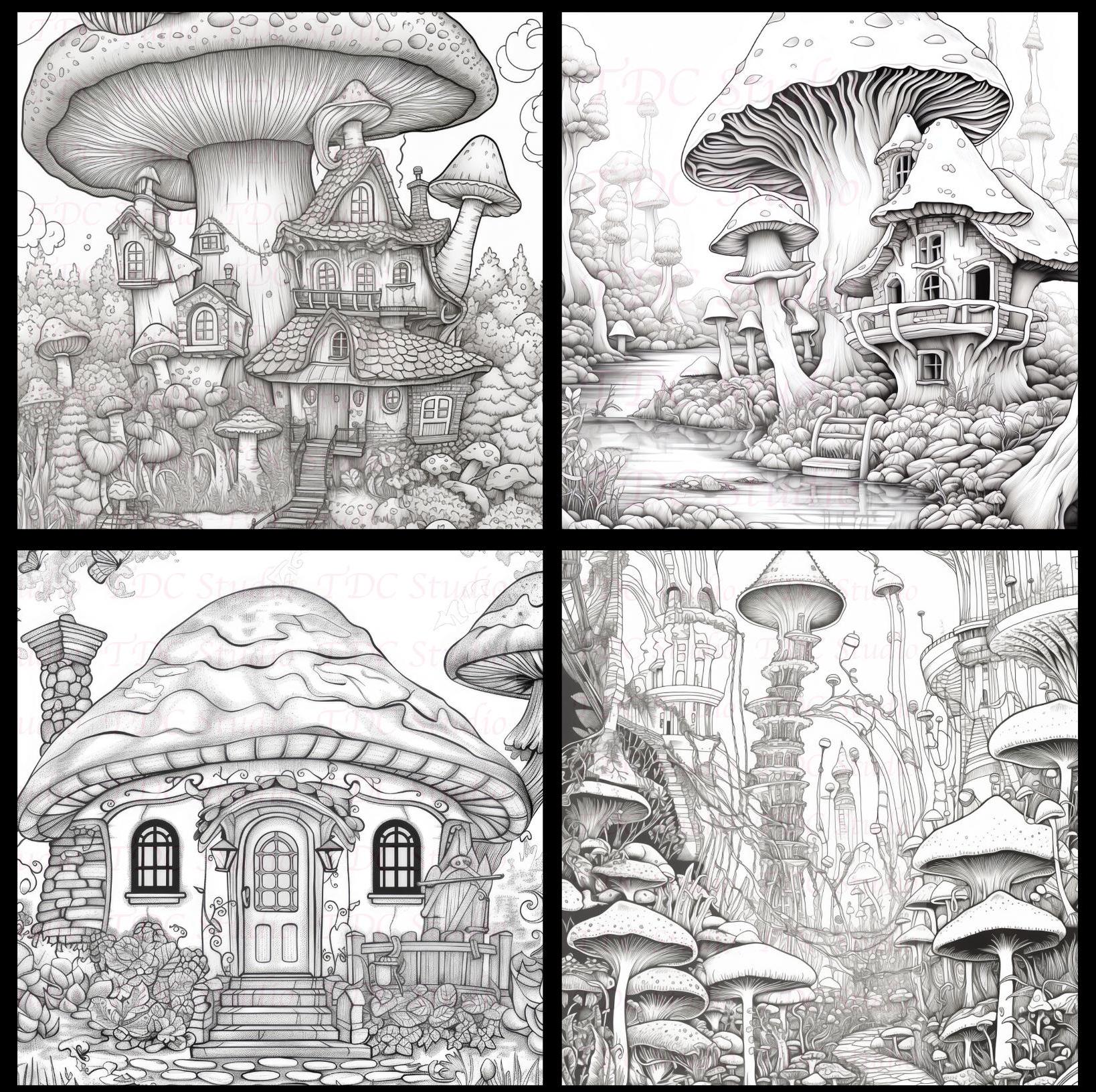 50+ Mushrooms Psychedelic Fantasy Art Coloring Pages